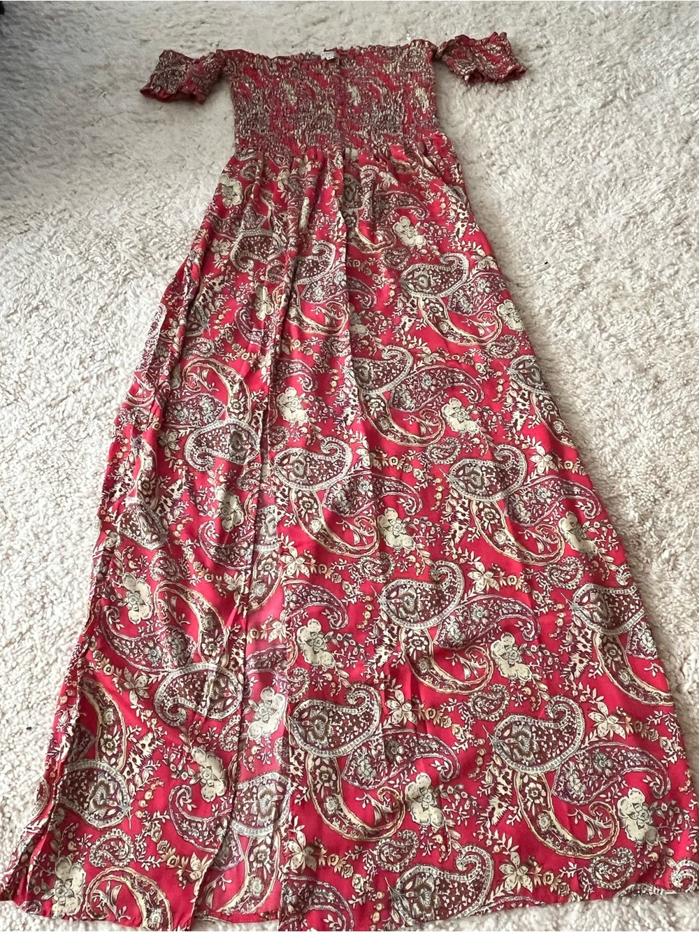 EARTHBOUND Red Paisley Off-Shoulder Maxi Dress Sz L Light Floaty Front Slit